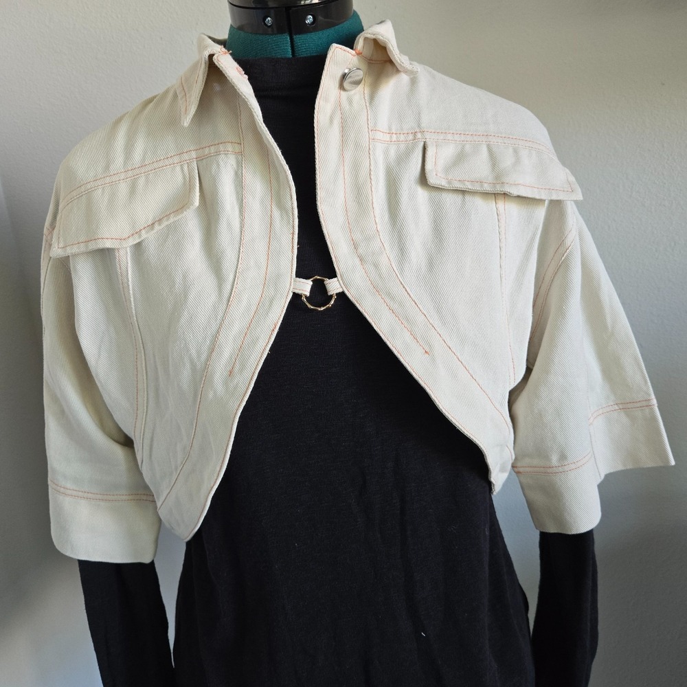 Leoroo NWT cropped denim beige shrug / jacket exposed back wraparound waist band